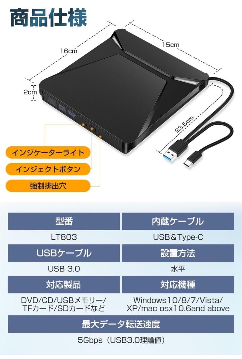  【6In1多機能・USB3.0】 DVDドライブ 外付け typeC/USB 静音 高速 軽量 薄型 TF/SD/CD/DVD