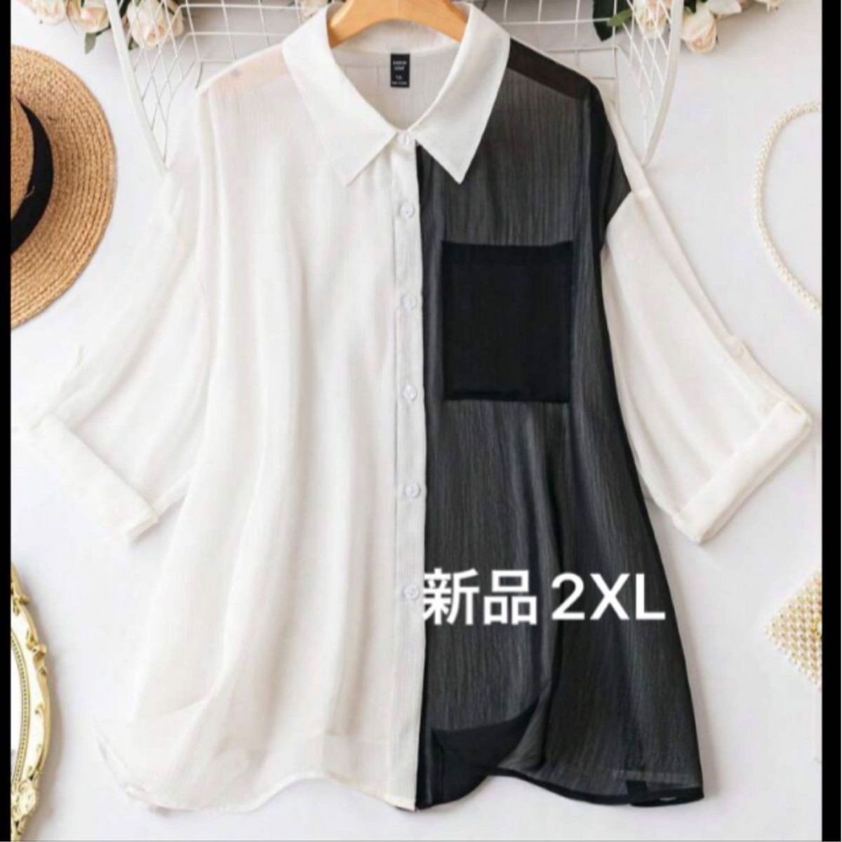 新品レディース　半袖シャツ　ブラウス　ホワイト×ブラック　バイカラー　2XL ゆったり　大きいサイズ　オーバーサイズ　韓国風　3L