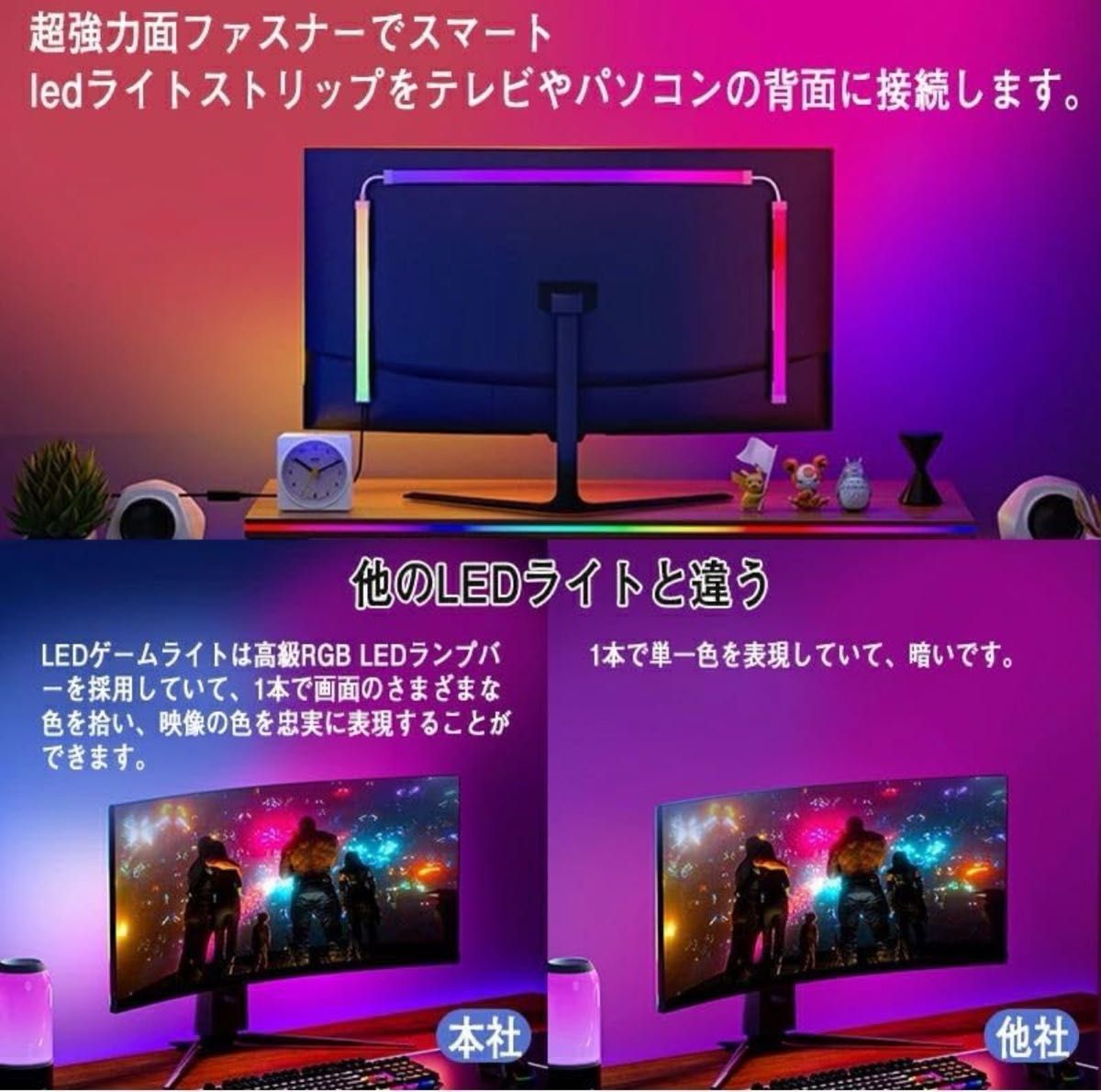 モニターの後ろのコンピューターライトバー デスクゲーム用LED 画面の色や音楽と同期 USBインターフェース (27インチの4角)
