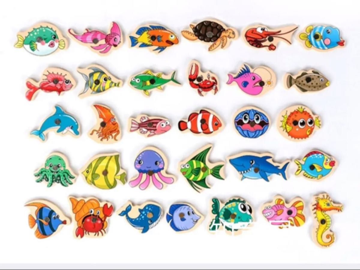 新品★木製　魚釣り　知育玩具　木のおもちゃ　磁石　アルファベット　31匹