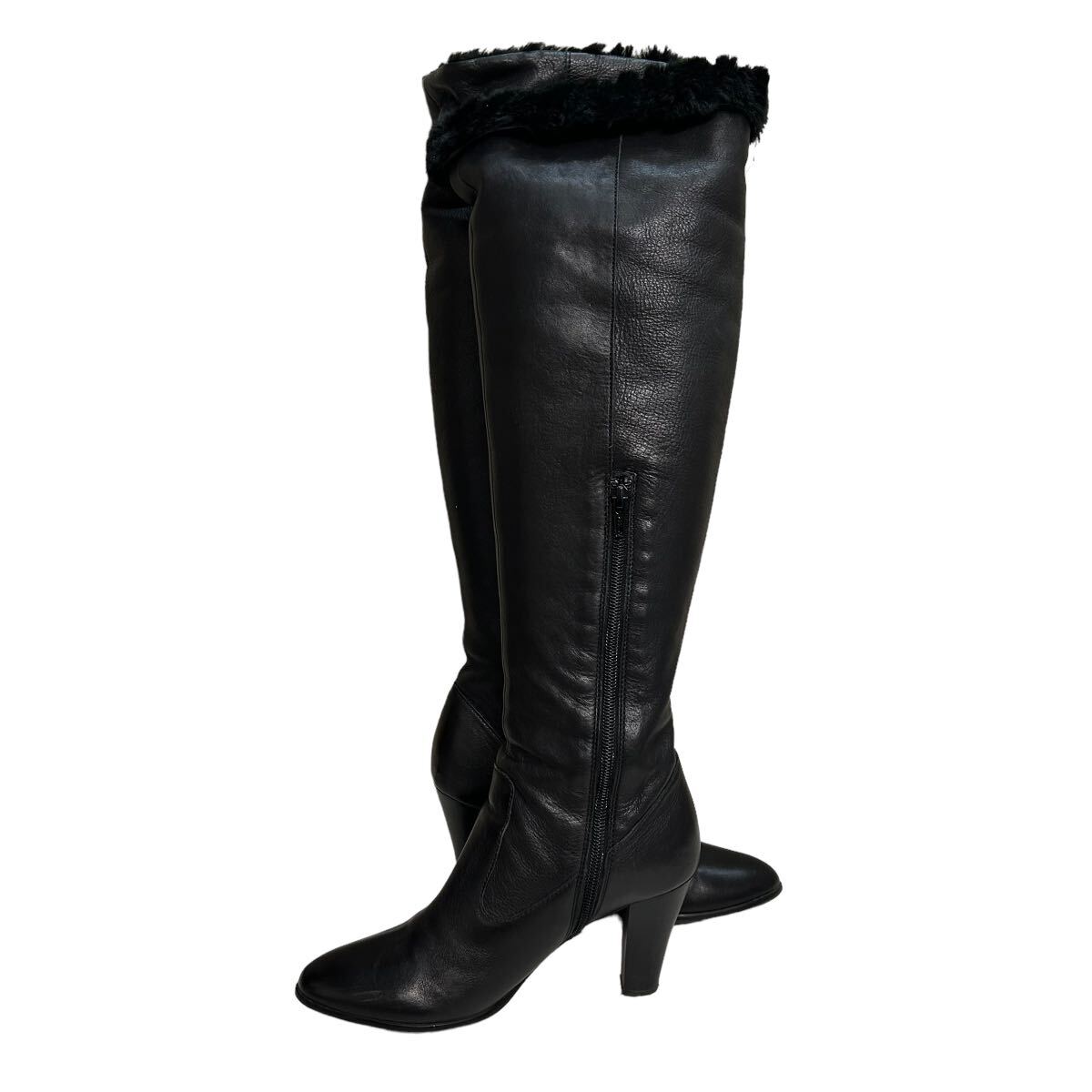 BD058 DIANA Diana lady's long boots knee high boots 23.5cm black leather boa side Zip 