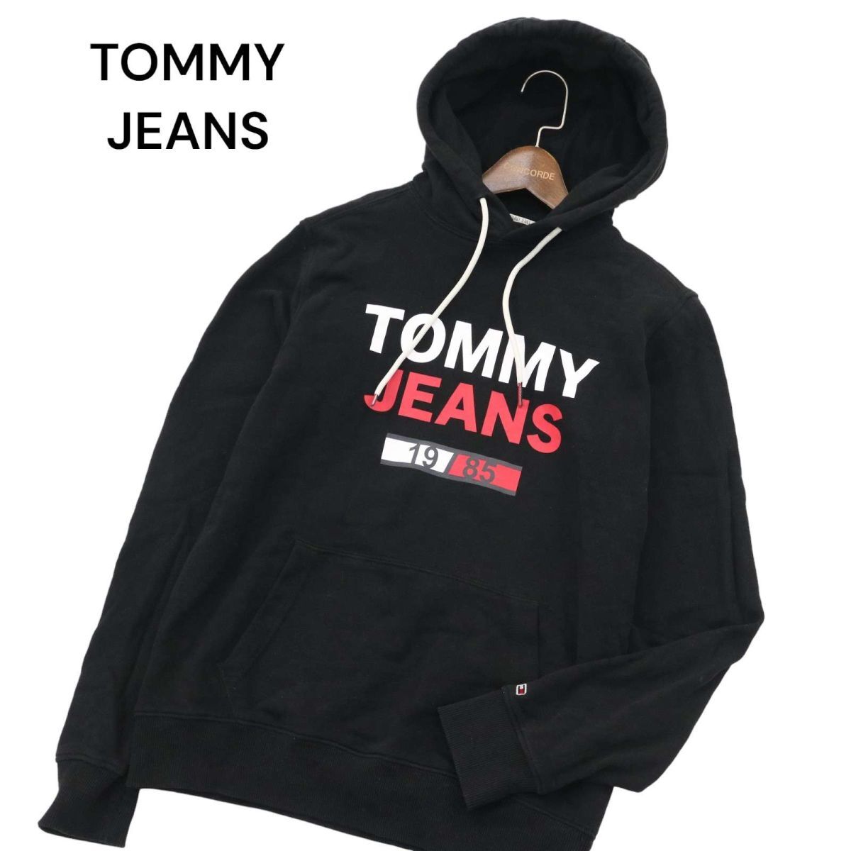 TOMMY JEANS トミーヒルフィガー 通年 ロゴプリント★ 刺繍 スウェット プルオーバー フーディー パーカー Sz.S　メンズ 黒　A4T01818_2#I_画像1