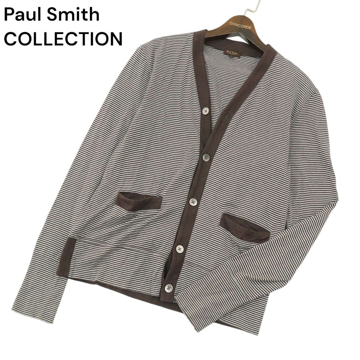 Paul Smith COLLECTION ポールスミス コレクション 通年 切替 ボーダー★ カーディガン Sz.L　メンズ 茶色系 日本製　A4T02501_3#O_画像1