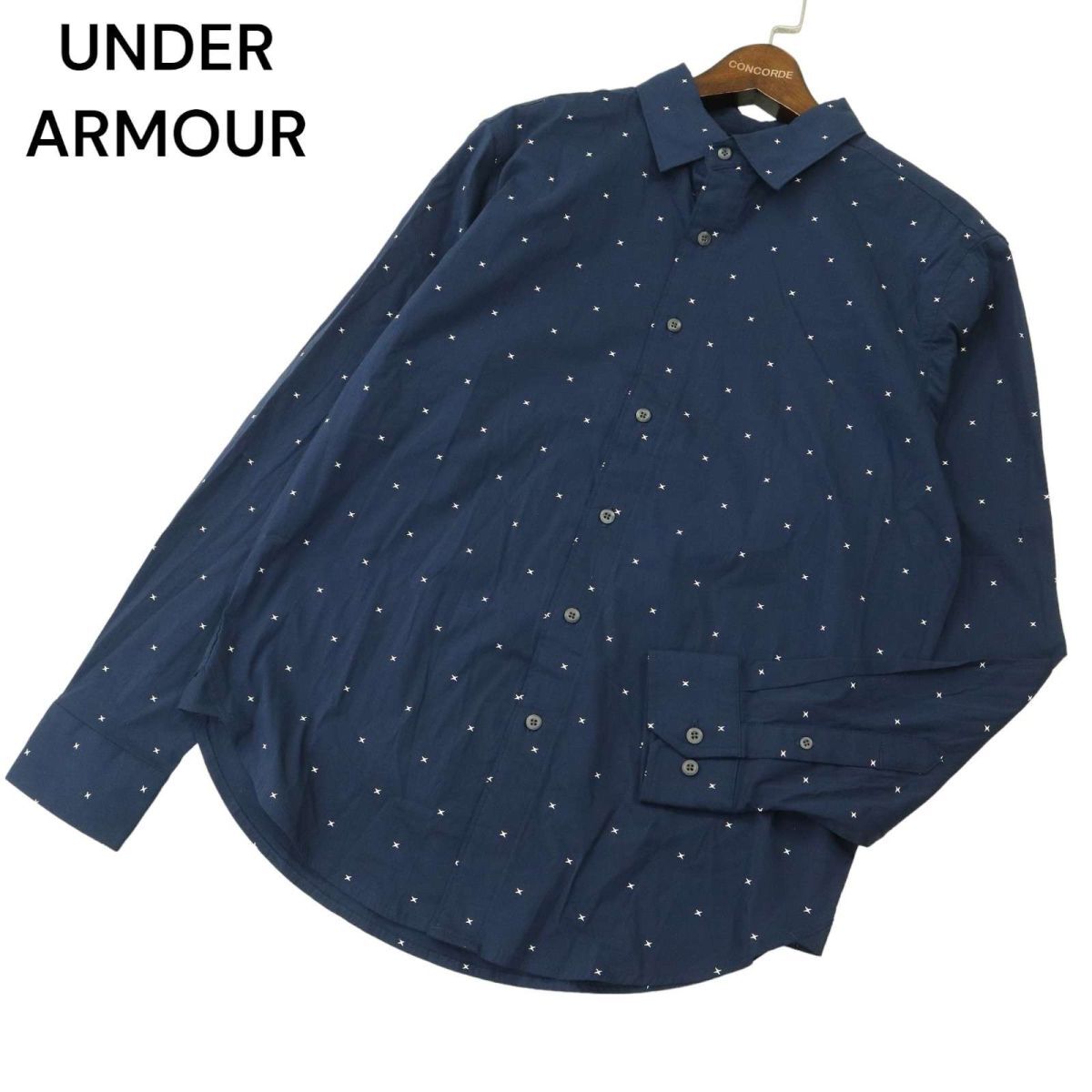 UNDER ARMOUR アンダーアーマー 通年 総柄★ 長袖 ストレッチ ボタンダウン シャツ Sz.LG/G　メンズ ネイビー ゴルフ　A4T02849_3#C_画像1