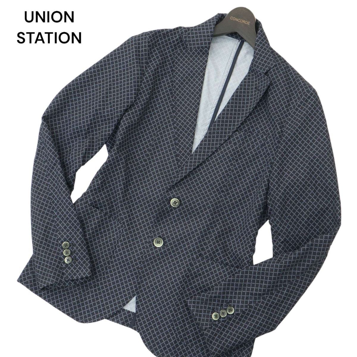 UNION STATION ユニオンステーション メンズビギ 春夏 チェック★ アンコン テーラード ジャケット Sz.S　メンズ ネイビー　A4T02720_3#M_画像1