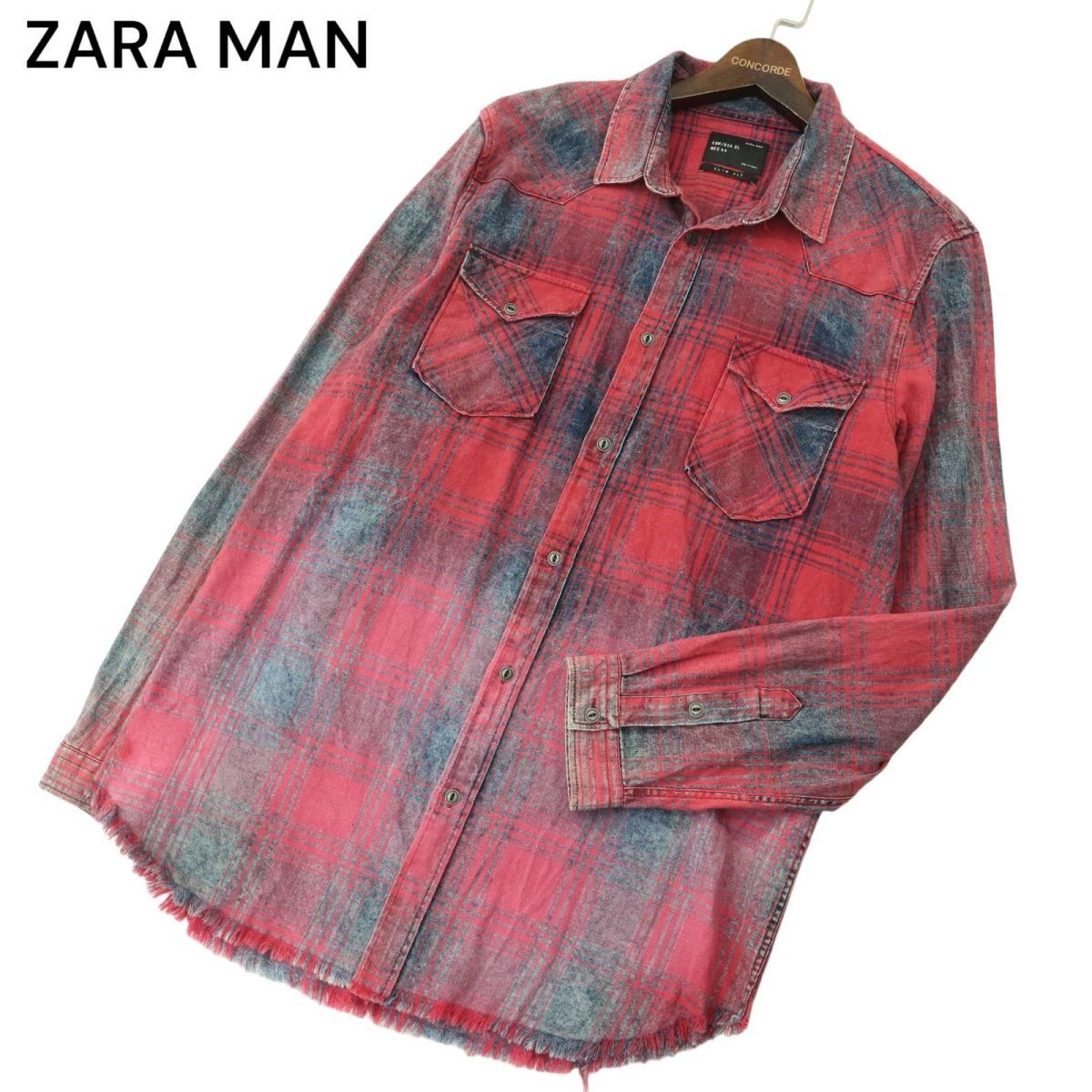 ZARA MAN ザラ マン グラデーション 加工 フリンジ 長袖 ウエスタン インディゴ チェック シャツ Sz.XL メンズ 大きいサイズ　A4T03024_3#C_画像1