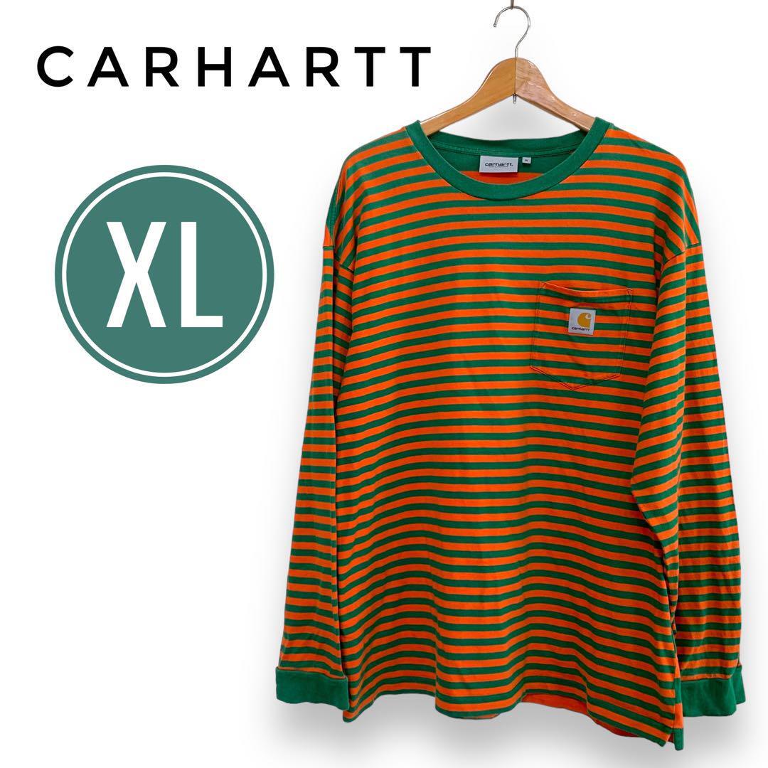 カーハート　CARHARTT　オレンジ　グリーン　ボーダー　ロンT 長袖　Tシャツ　ポケット　古着