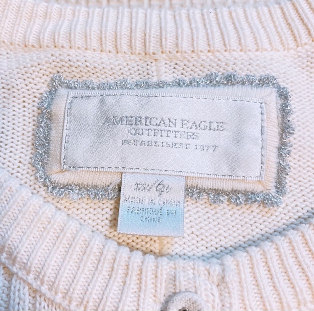 アメリカンイーグル　白ニットカーディガン American Eagle コットン 長袖 カーディガン クルーネック トップス 羽織