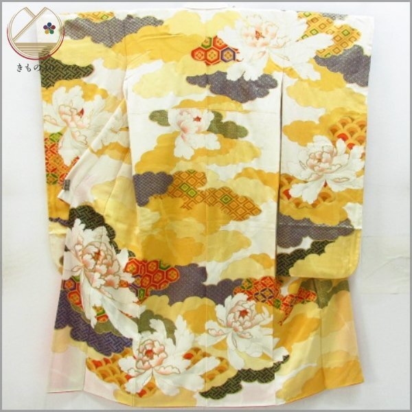 * kimono 10* 1 jpy silk long-sleeved kimono gold paint . length 160cm.64.5cm [ including in a package possible ] ***