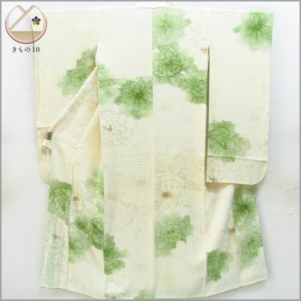 * kimono 10* 1 jpy silk long-sleeved kimono gold paint . length 160cm.63.5cm [ including in a package possible ] ***