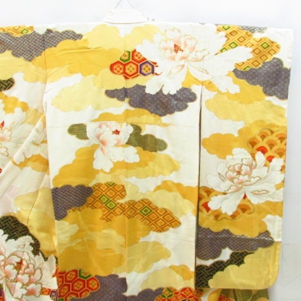 * kimono 10* 1 jpy silk long-sleeved kimono gold paint . length 160cm.64.5cm [ including in a package possible ] ***