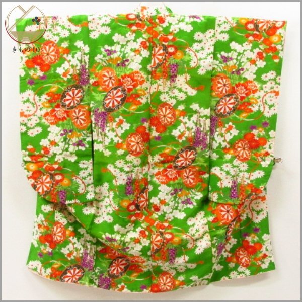 ★着物10★ 1円 化繊 子供着物 女の子用 ジュニア用 金彩 袷 身丈122cm 裄65cm [同梱可] ☆☆の画像1