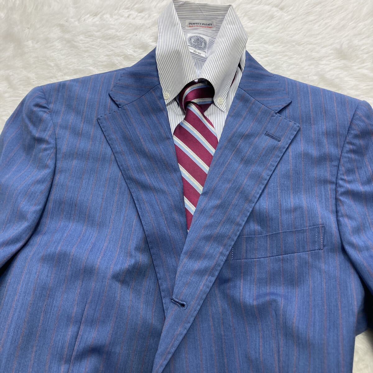  unused *[.]reda× Perfect suit Factory [ overwhelming feeling of luxury ]P.S.FA ACTIVE suit navy stripe AB7 rank jacket XL corresponding 