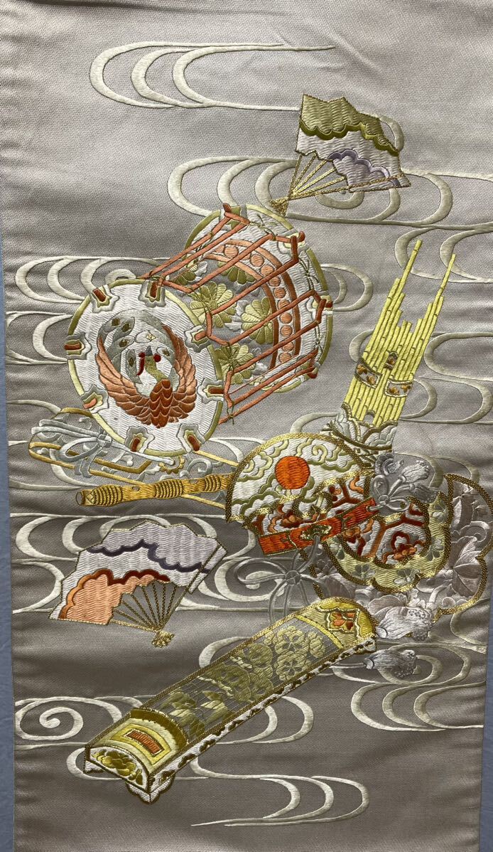 アンティーク 袋帯 刺繍 雅楽楽器の柄 リメイク 絹の画像1