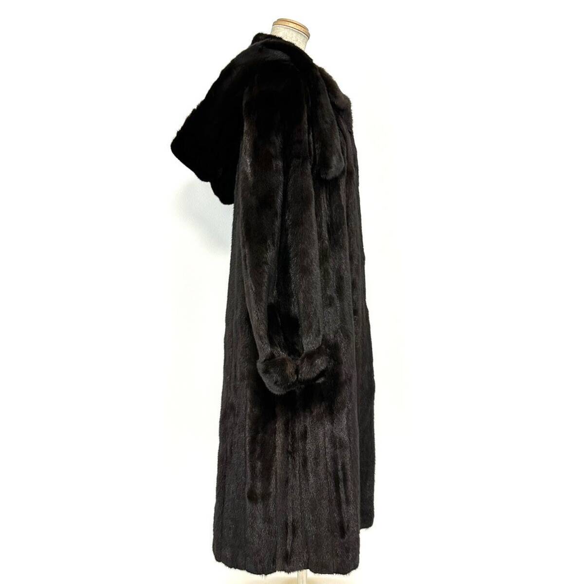 【貂商】h2626 BLACKGLAMA フード付き ブラックグラマミンク デザインコート セミロング ロングコート ミンクコート 貂皮 mink身丈 約115cm_画像4