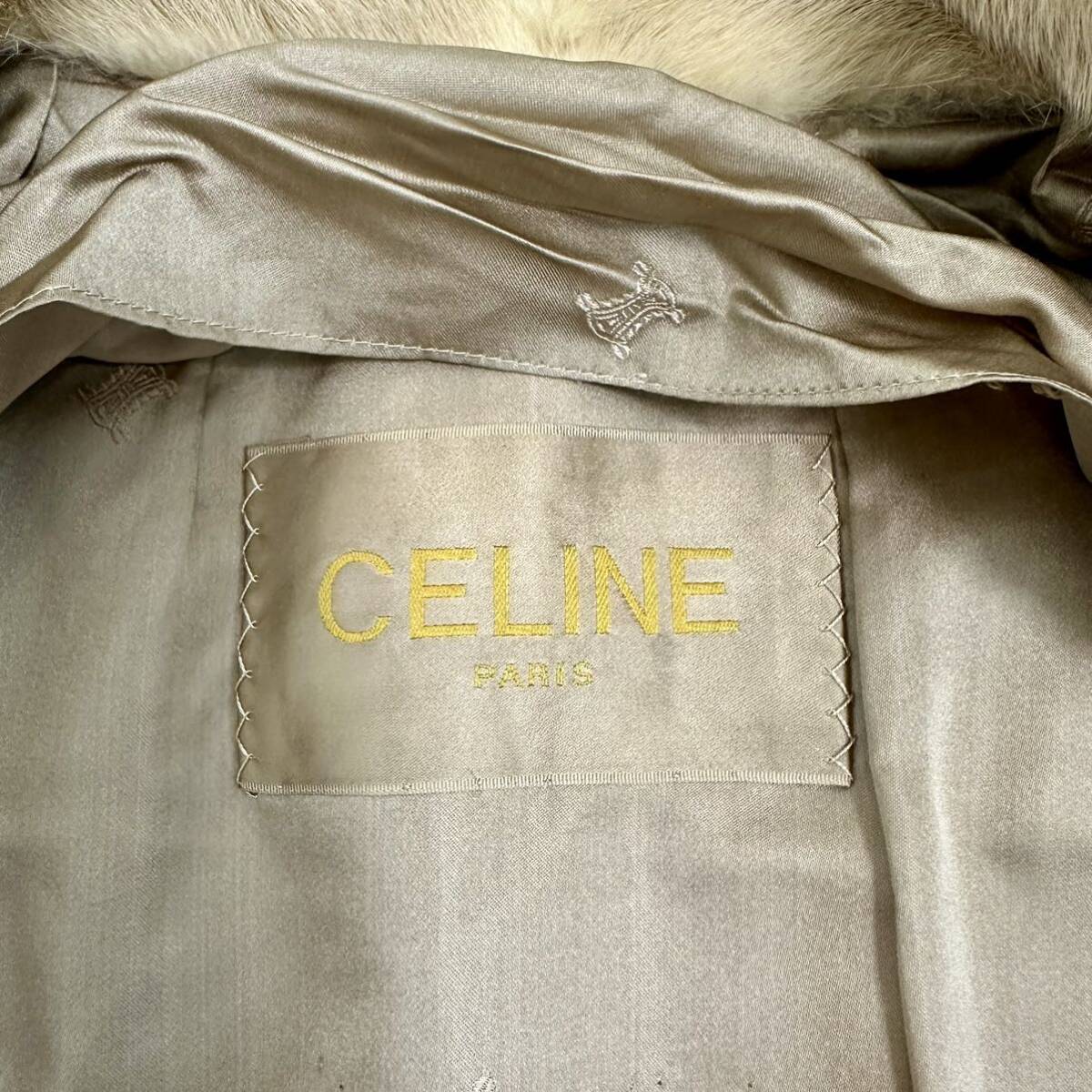 【貂商】h2630 CELINE セリーヌ ミンク デザインコート パステル ホワイト パール セミロング ミンクコート 貂皮 mink身丈 約60cm_画像9