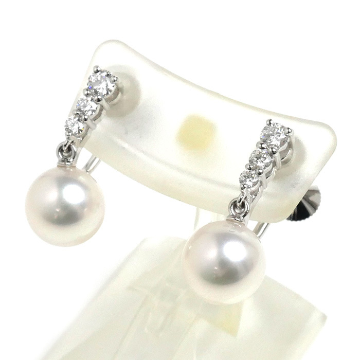 新しいスタイル MIKIMOTO ミキモト K18WG パール ダイヤ イヤリング PE-1681U アコヤパール約7.7mm ダイヤモンド 4.3g レディース 中古 美品 イヤリング、ピアス