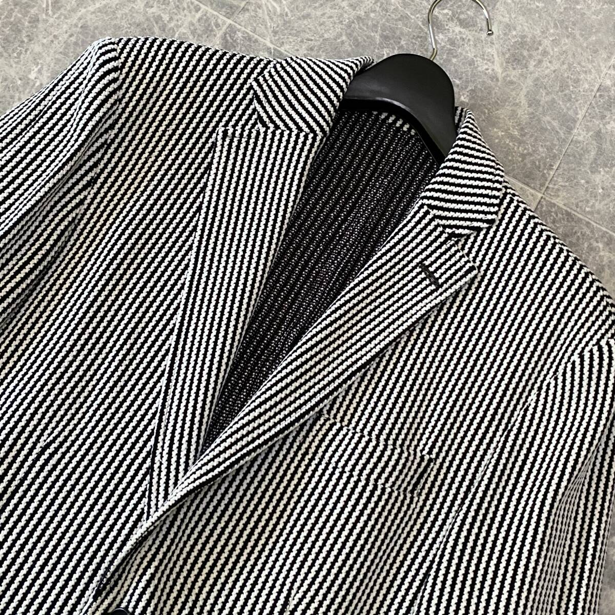 極美品 Distinction MEN'S BIGI メンズビギ ニット テーラードジャケット アンコン メンズ 04 (XL) 白 黒 ストライプ 襟裏 花柄 C363の画像5