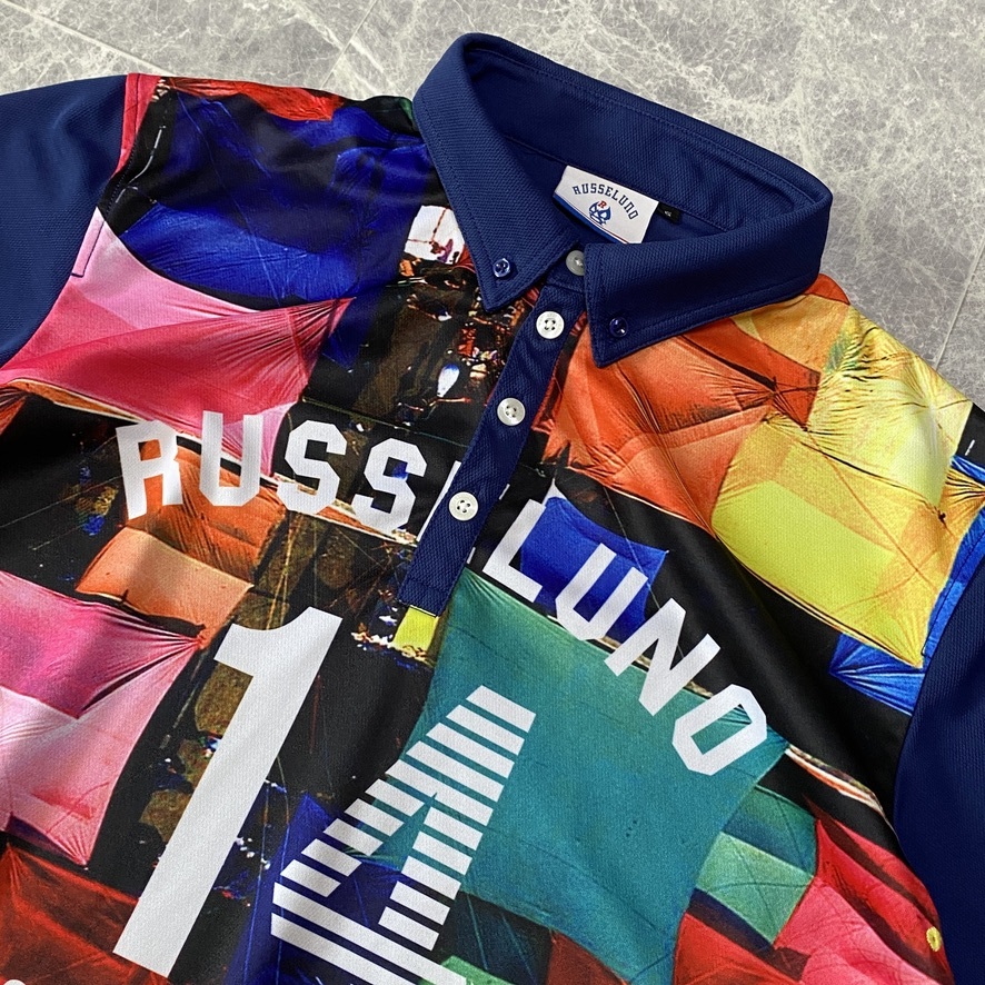 極美品 Russeluno ラッセルノ 半袖 ポロシャツ トップス ストレッチ 吸汗速乾 メンズ 5 (L) ネイビー 総柄 ロゴ 刺繍 ゴルフウェア C297の画像3