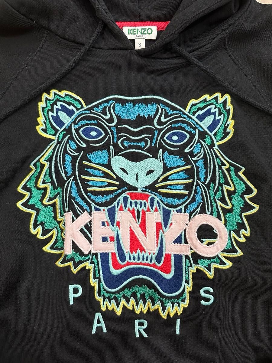 KENZO 刺繍ロゴ ケンゾー タイガー スウェット　パーカー  黒ビッグロゴ　S