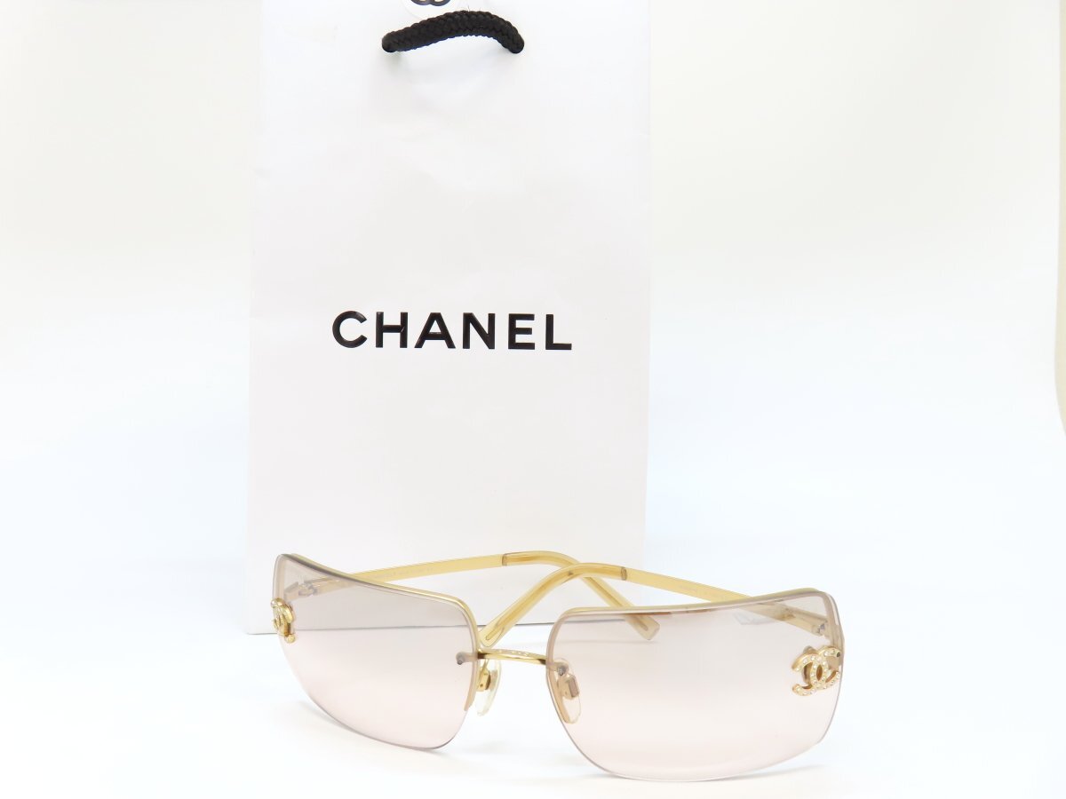 * super-beauty goods *CHANEL Chanel * here Mark 4092-B* rhinestone * sunglasses * Gold * Vintage * pink beige lens *A4441