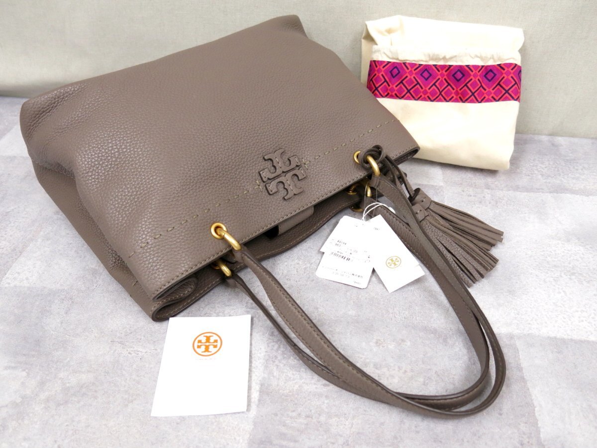 ●超美品●TORY BURCH トリーバーチ●マックグロー●タッセル●カーフ レザー 本革●トート バッグ●グレージュ●G金具●A4 書類●Js45435の画像4