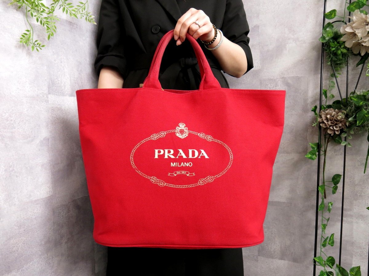 ●美品●PRADA プラダ●カナパ●バケット●キャンバス レザー 本革●バケツ型 トート バッグ●赤●腕掛け●A4 収納●書類 かばん●Js45398の画像2