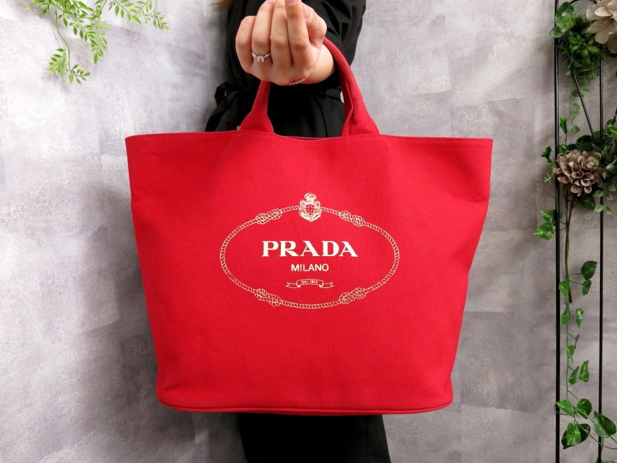 ●美品●PRADA プラダ●カナパ●バケット●キャンバス レザー 本革●バケツ型 トート バッグ●赤●腕掛け●A4 収納●書類 かばん●Js45398の画像1