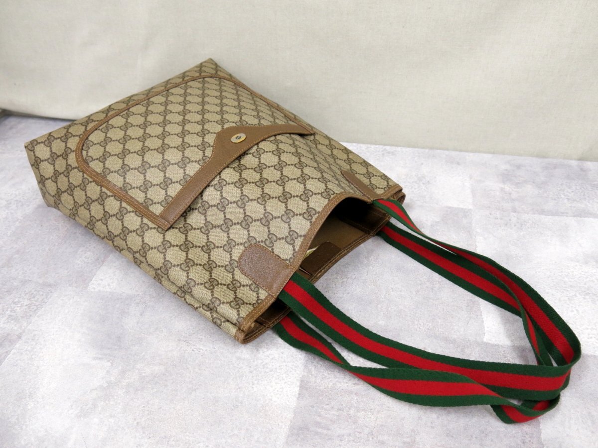 超美品●GUCCI オールド グッチ●シェリー●GGスプリーム●PVC カーフ レザー 本革●トート バッグ●ブラウン ベージュ●A4 収納●Js45343の画像4