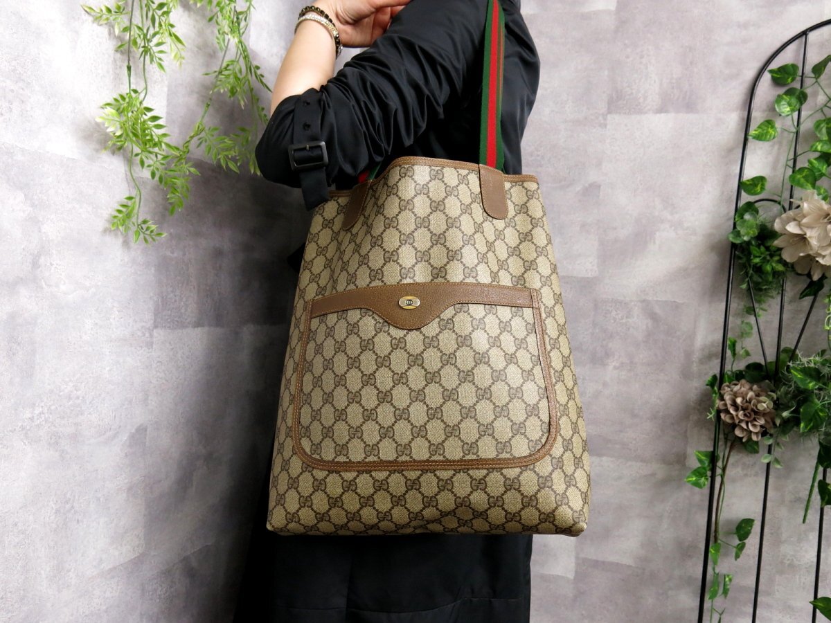 超美品●GUCCI オールド グッチ●シェリー●GGスプリーム●PVC カーフ レザー 本革●トート バッグ●ブラウン ベージュ●A4 収納●Js45343_画像2