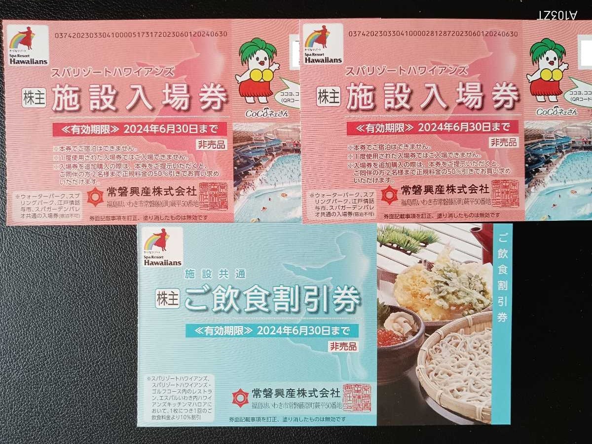 即決★急ぎ可★スパリゾートハワイアンズ 無料入場券 ２枚＋飲食10％割引券（株主優待券）a_画像1