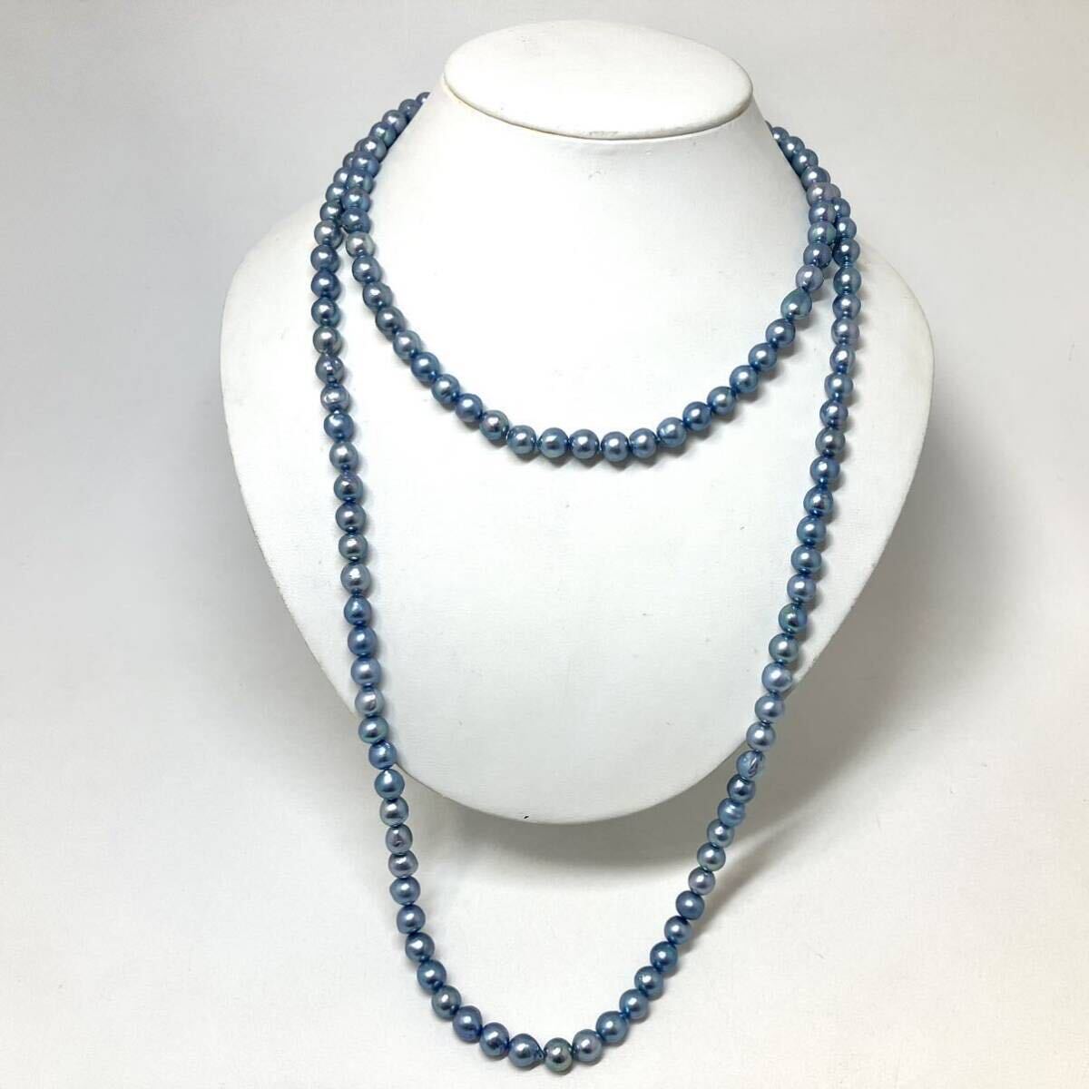 ［アコヤ本真珠ネックレス2点おまとめ] m 重量約93.0g 約7.5~8.0mm pearl necklace ジュエリー accessory blue ロング long silver DA0_画像1