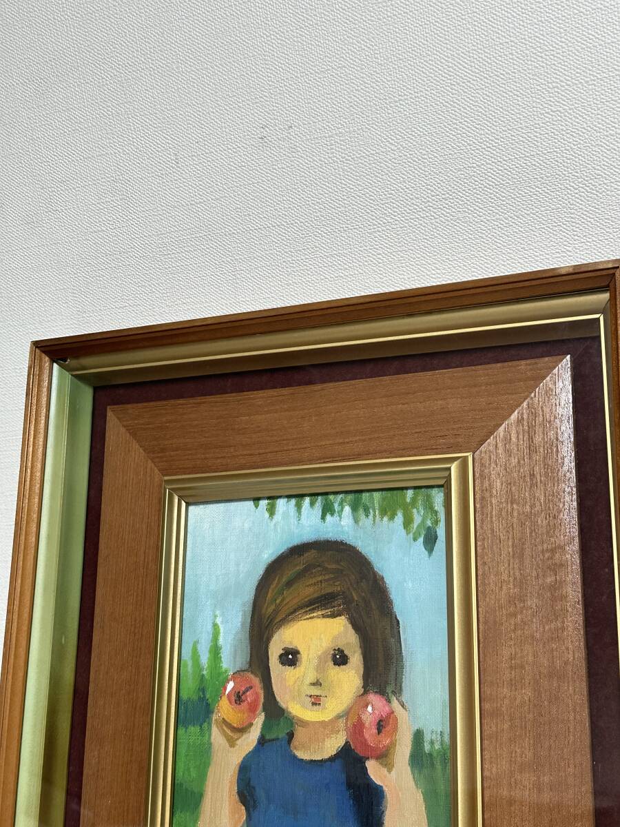 【真作】油彩 神戸文子 『りんごと少女』 （SM）女流画家協会会員　絵画_ガラス左上に一部欠けがあります。