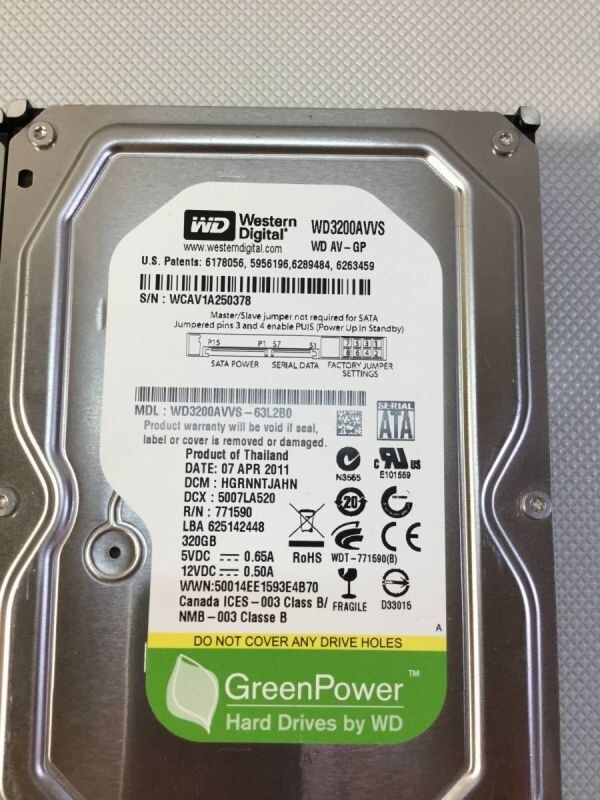 S707○内蔵HDD 3台 まとめ/内蔵ハードディスク/HDD/3.5インチ/WD/Western Digital/Green Power/WD3200AVVS/ 等 【フォーマット済】同梱不可_画像3