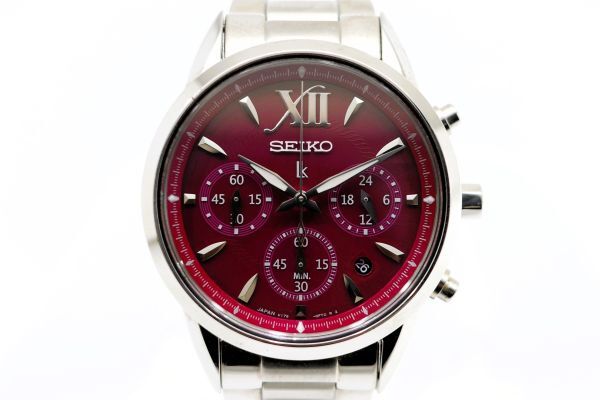 390　SEIKO LK LUKIA CHRONOGRAPH SOLAR　　V175-0EW0　　セイコー ルキア クロノグラフ ボルドーレッド文字盤 ソーラー 腕時計 純正ブレス_画像2