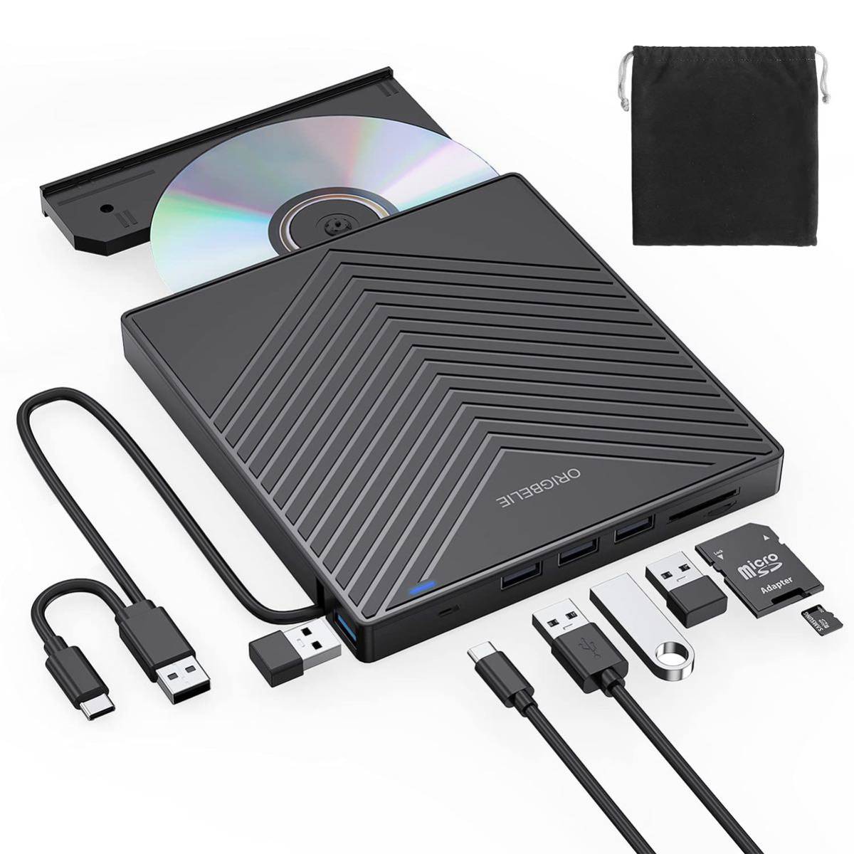 CD DVDドライブ 外付け 光学 USB HUB 4USBポート 2TF/SDカードスロット PC Windows 11/10/8/7 Linux OS 対応 USB3.0 タイプCケーブル付き_画像1