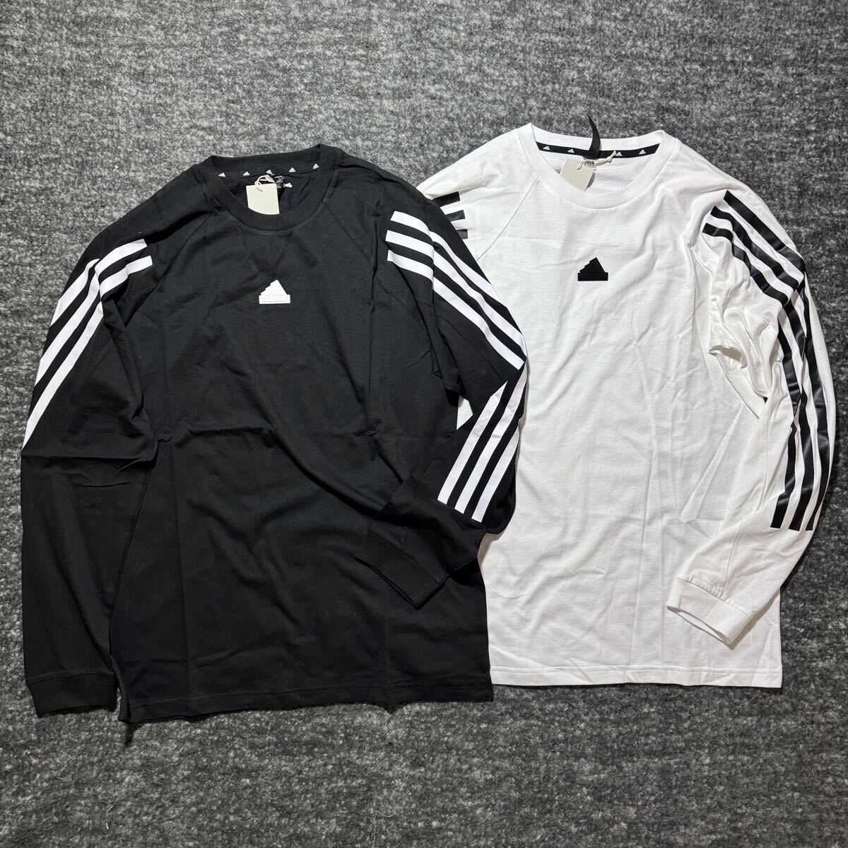 1円~ Msize アディダス 長袖 Tシャツ 2枚セット ブラック ホワイト ライン 3ストライプ アイコンロゴ adidas スポーツ ロンT 人気 アイコン_画像1