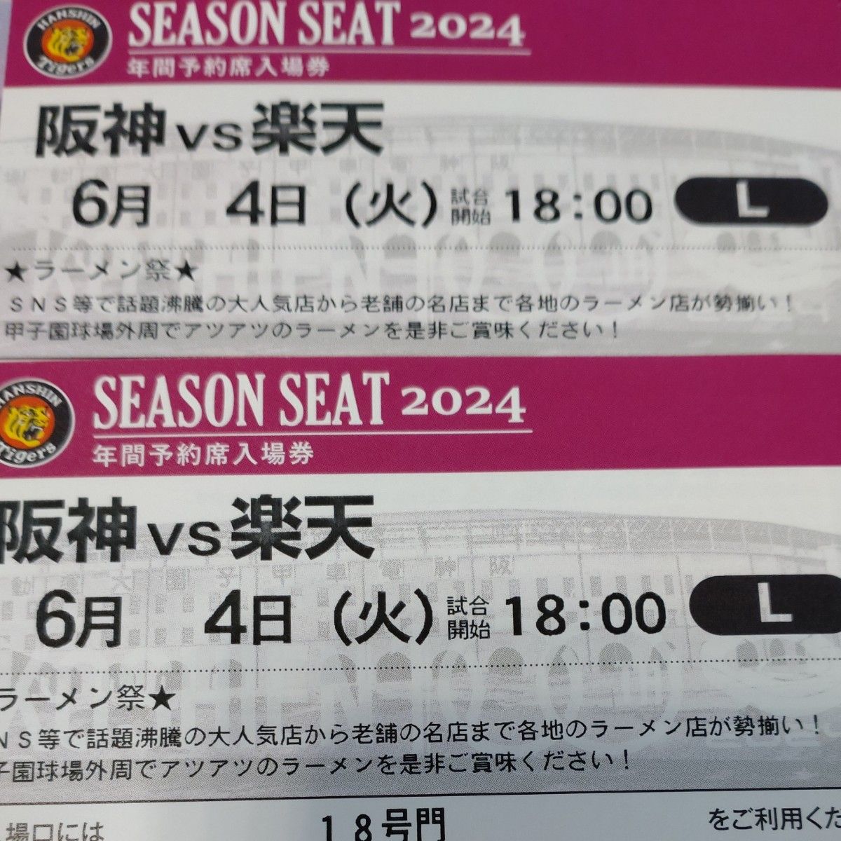 阪神タイガースチケット 6月4日(火)VS楽天戦  甲子園球場 レフト下段外野指定席 2枚