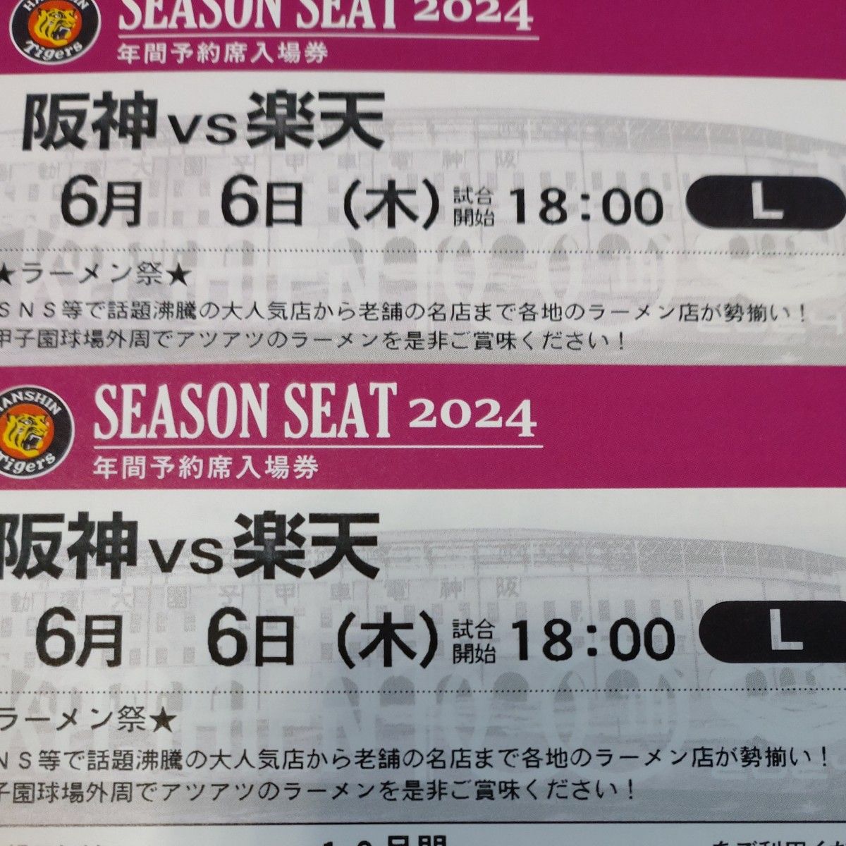 阪神タイガースチケット 6月6日(木)VS楽天戦  甲子園球場 レフト下段外野指定席 2枚