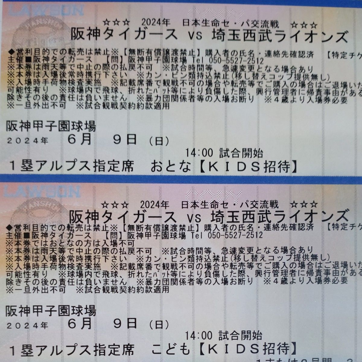 【完売日】阪神タイガース招待券チケット 6月9日(日)VS 西武戦 1塁アルプス指定席 通路側含 2枚(大人1枚・こども1枚)