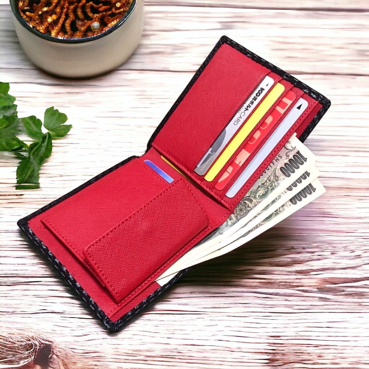 カーボンレザー 折り財布 内装：紅 メンズ レディース 小銭入れ カードケース