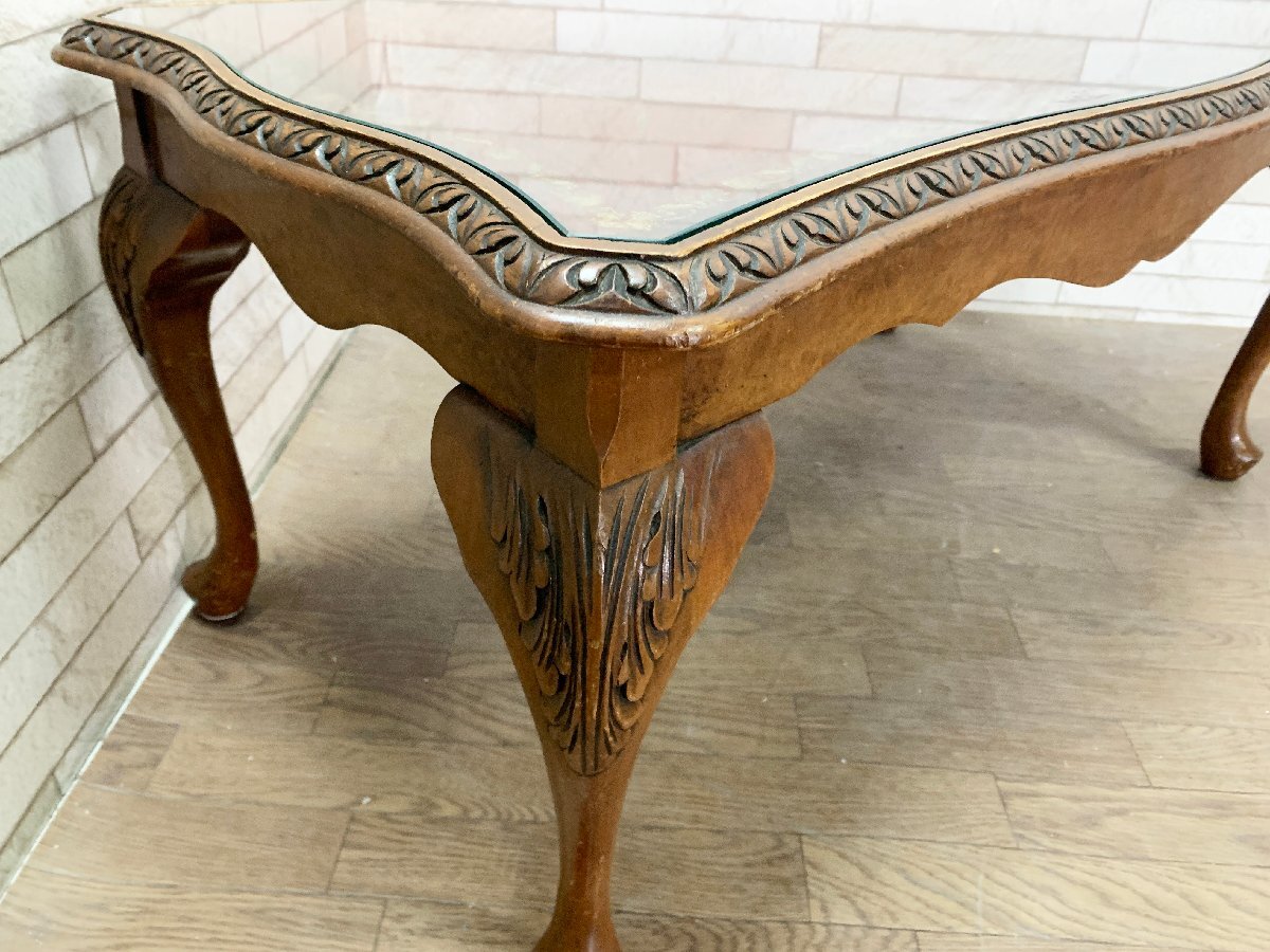 英国クラシック アンティーク テーブル センターテーブル 机 木製 猫脚 彫刻 レザートップ 赤 家具 インテリアの画像7