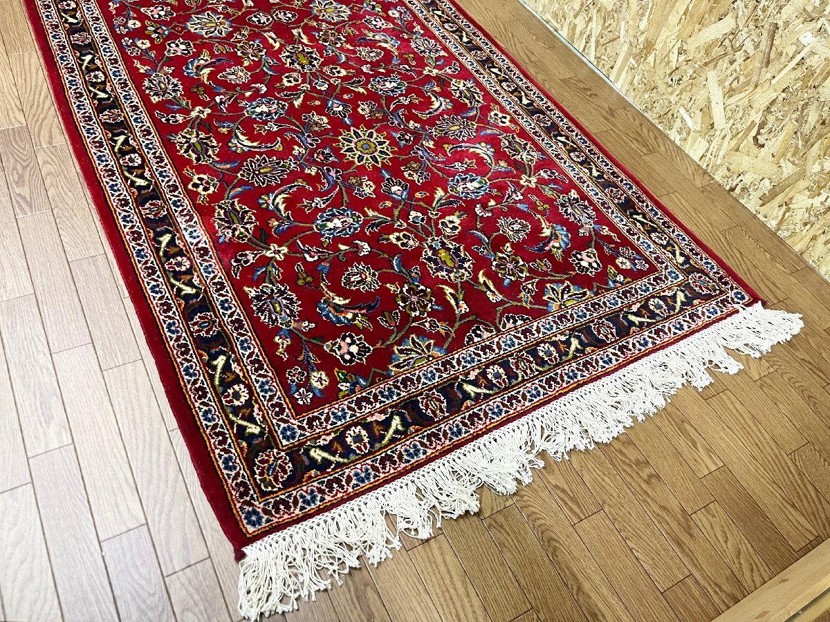 最高級 KASHAN カシャーン ペルシャ絨毯 ロング 手織り 廊下 ライナー カーペット ラグ イラン 402×112cm レッド系 ウール 証明書有(貝350_画像3