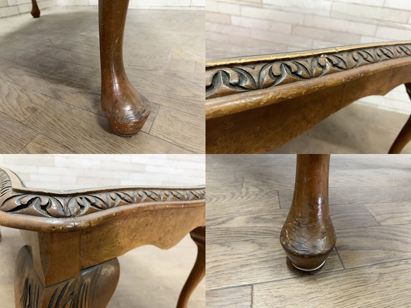 英国クラシック アンティーク テーブル センターテーブル 机 木製 猫脚 彫刻 レザートップ 赤 家具 インテリアの画像9