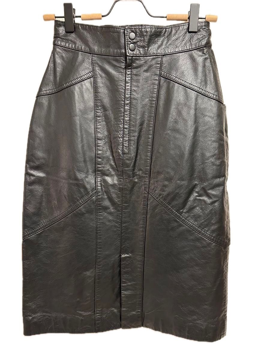 【ノーブランド】レザースカート　古着　80s 90s　本革　牛革　ブラック