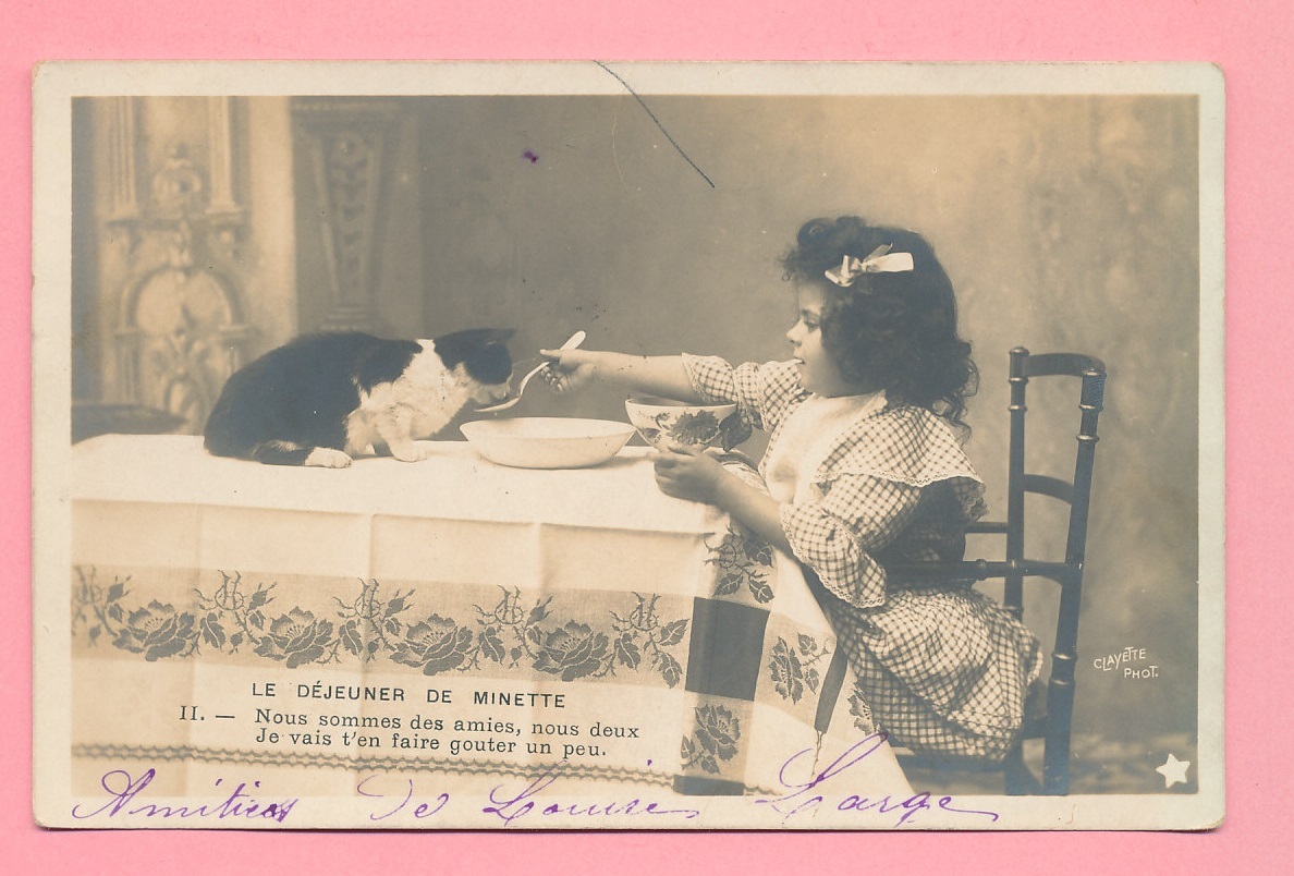 猫と子供(7)F81◆少女 少年 女性 ねこ ネコ アンティークポストカード フランス ドイツ ベルギー イタリア イギリス ビンテージ 外国絵葉書の画像2