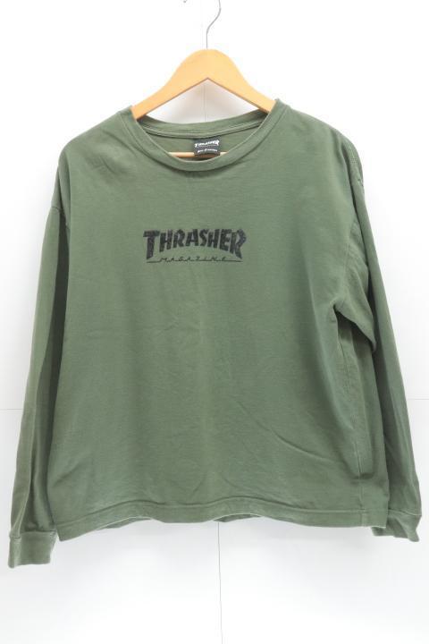 【中古】THRASHER カットソー S スラッシャー カットソー S カーキ ロゴ メンズ_画像1