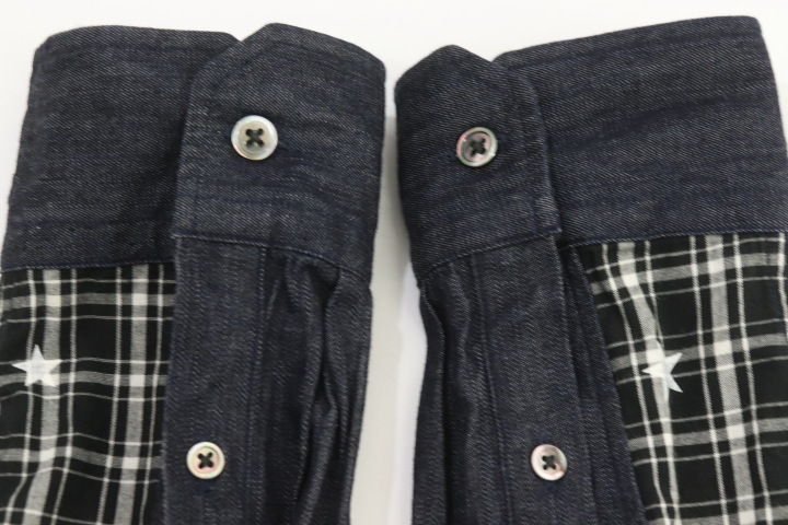 【中古】uniform experiment メンズ長袖シャツ 1 STAR PRINT SIDE PANEL DENIM B.D SHIRT 1 インディゴブルー 藍 チェック_画像5