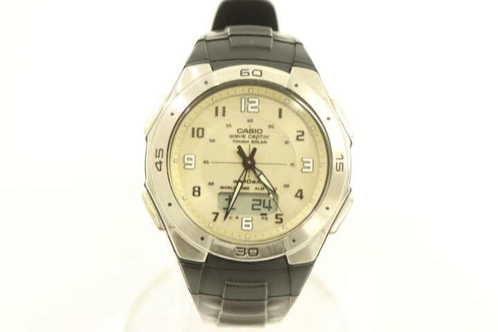 【中古】CASIO メンズ腕時計 F WAVECEPTOR CASIO 黒 ブラック 銀 シルバー ロゴ WVA-470BJ_画像1
