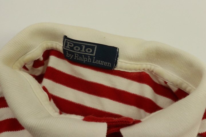 【中古】Polo by Ralph Lauren メンズポロシャツ 36 ポロシャツ Polo by Ralph Lauren 36 白 ホワイト 赤 レッド ボーダー 刺繍 ロゴ_画像4